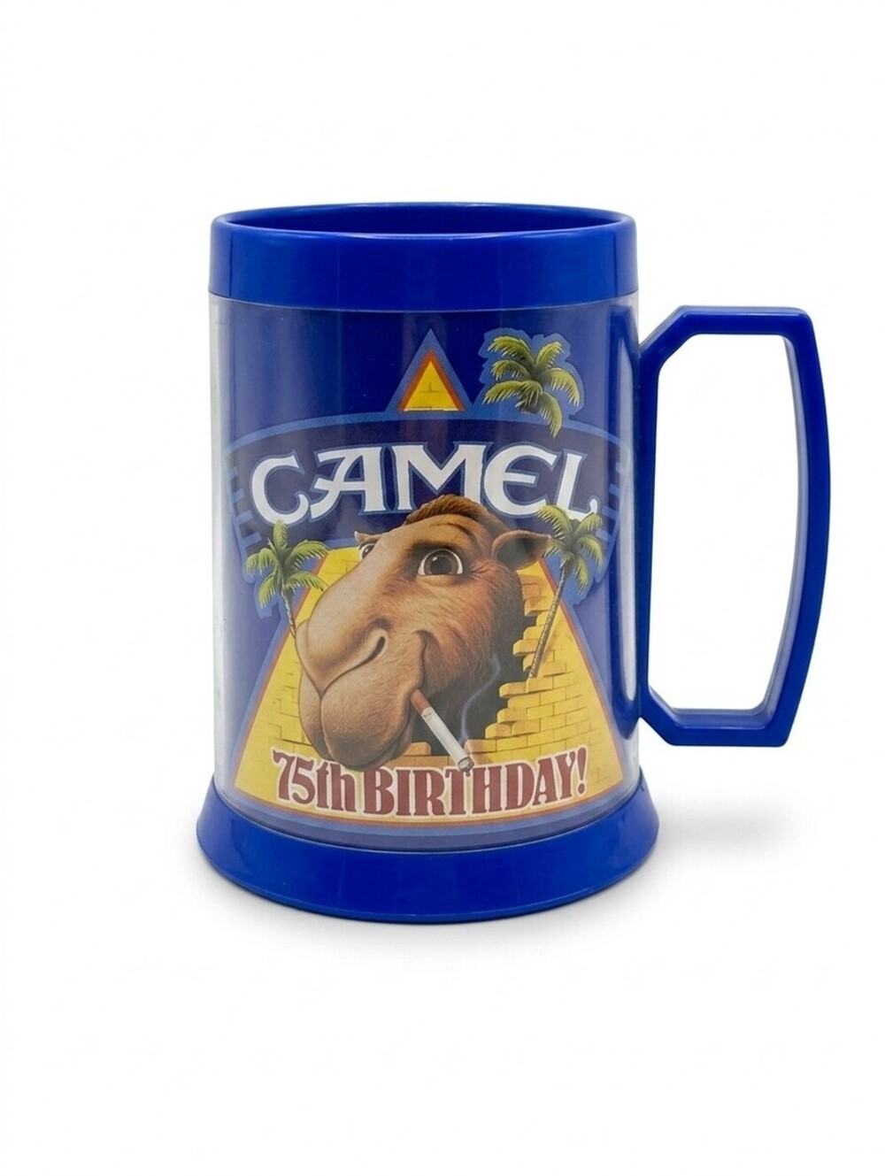 Vintage 80s Joe Camel 75th Birthday ThermoServ Insulated Mug Cobalt Blue 1988 EU